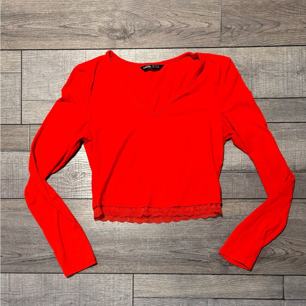 Red cropped long sleeve with lace